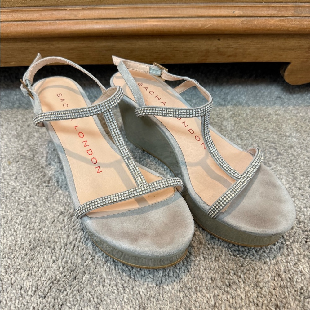 Sacha London Silver-Gray T-Strap Rhinestone Wedge Sandals